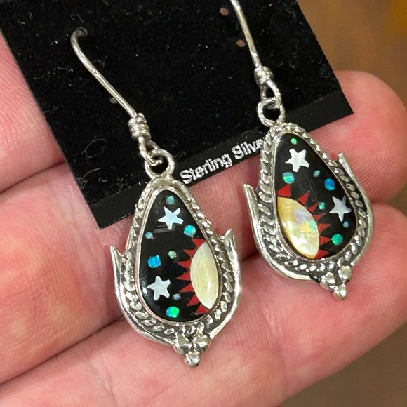 STERLING SILVER NATIVE AMERICAN INLAID CELESTIAL GALAXY CORN EARRINGS .925 - Picture 4 of 7